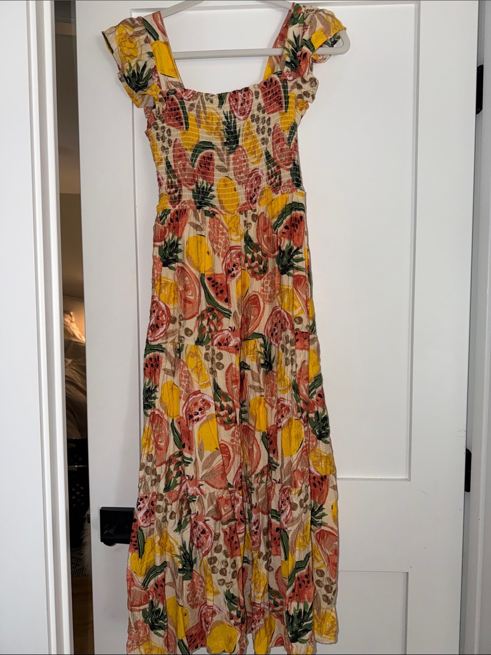 Smocked Maxi Dress in Yellow & Pink Fruit Print